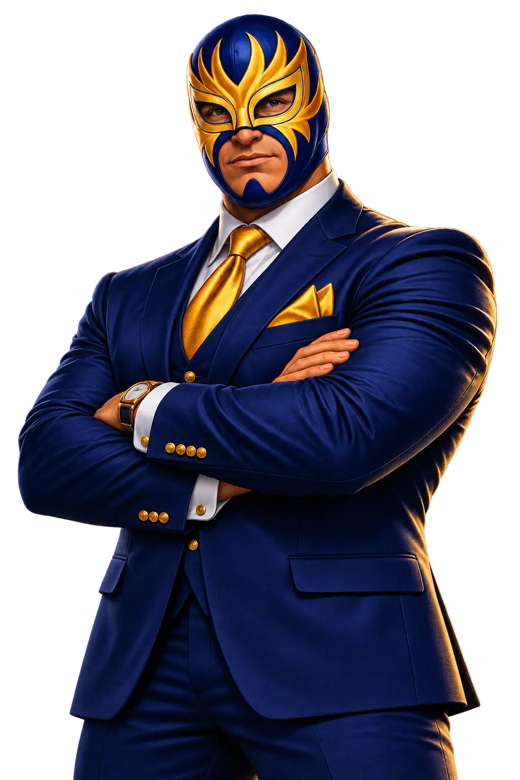 El Primo Legal luchador mascot in a navy suit
