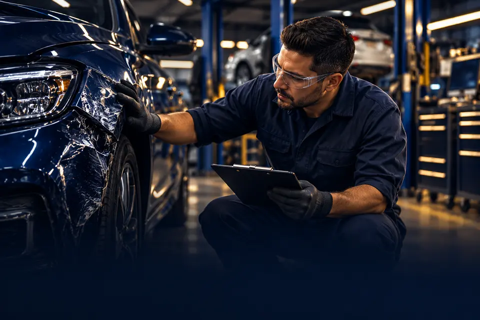 Technician inspecting vehicle damage in a body shop