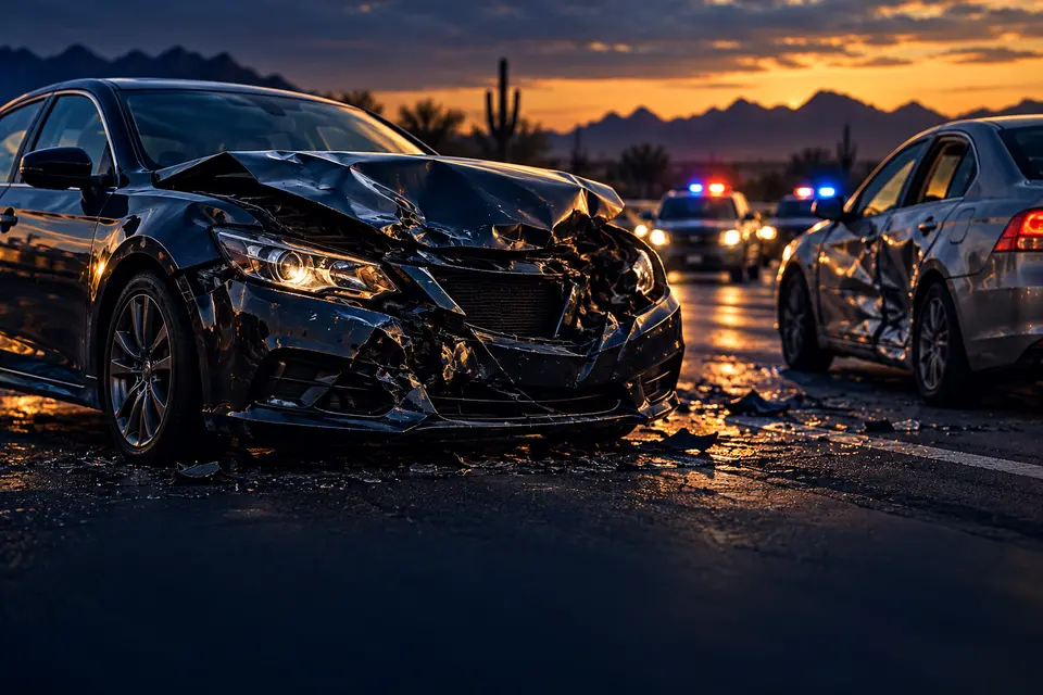 Damaged vehicles after a roadway collision