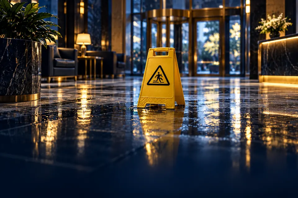 Wet floor caution sign in a building lobby