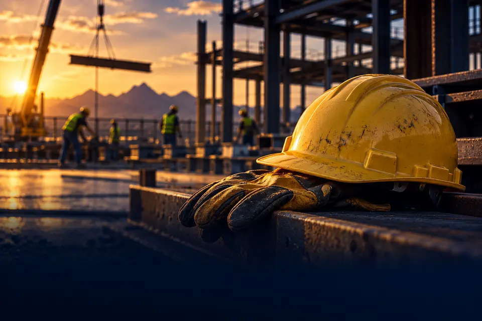 Hard hat and gloves at a construction site