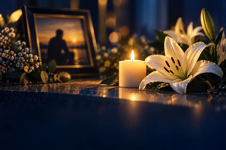 Memorial candle and white lilies